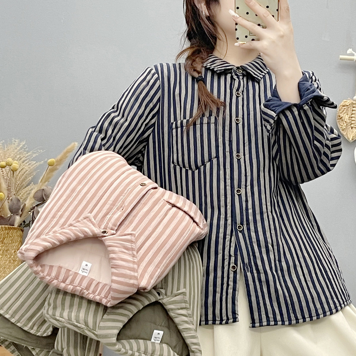 日系文艺复古条纹夹棉衬衫女秋冬宽松休闲翻领保暖薄棉衣外套百搭