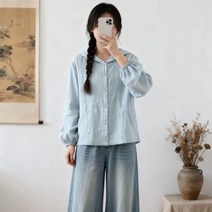 日系文艺风纯色简约休闲连帽薄外套女短款宽松百搭开衫上衣女早秋