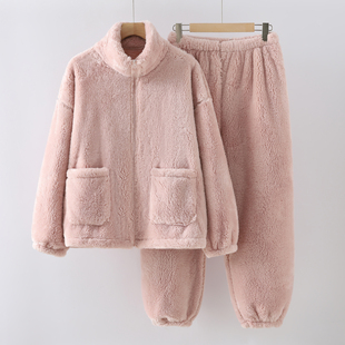 韩版毛绒睡衣女秋冬加厚立领拉链家居服套装保暖可外穿宽松两件套