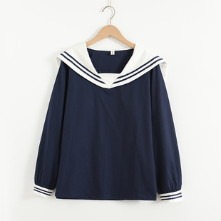 日系少女学院风海军领长袖衬衫女学生甜美藏蓝色上衣春秋套头衬衣