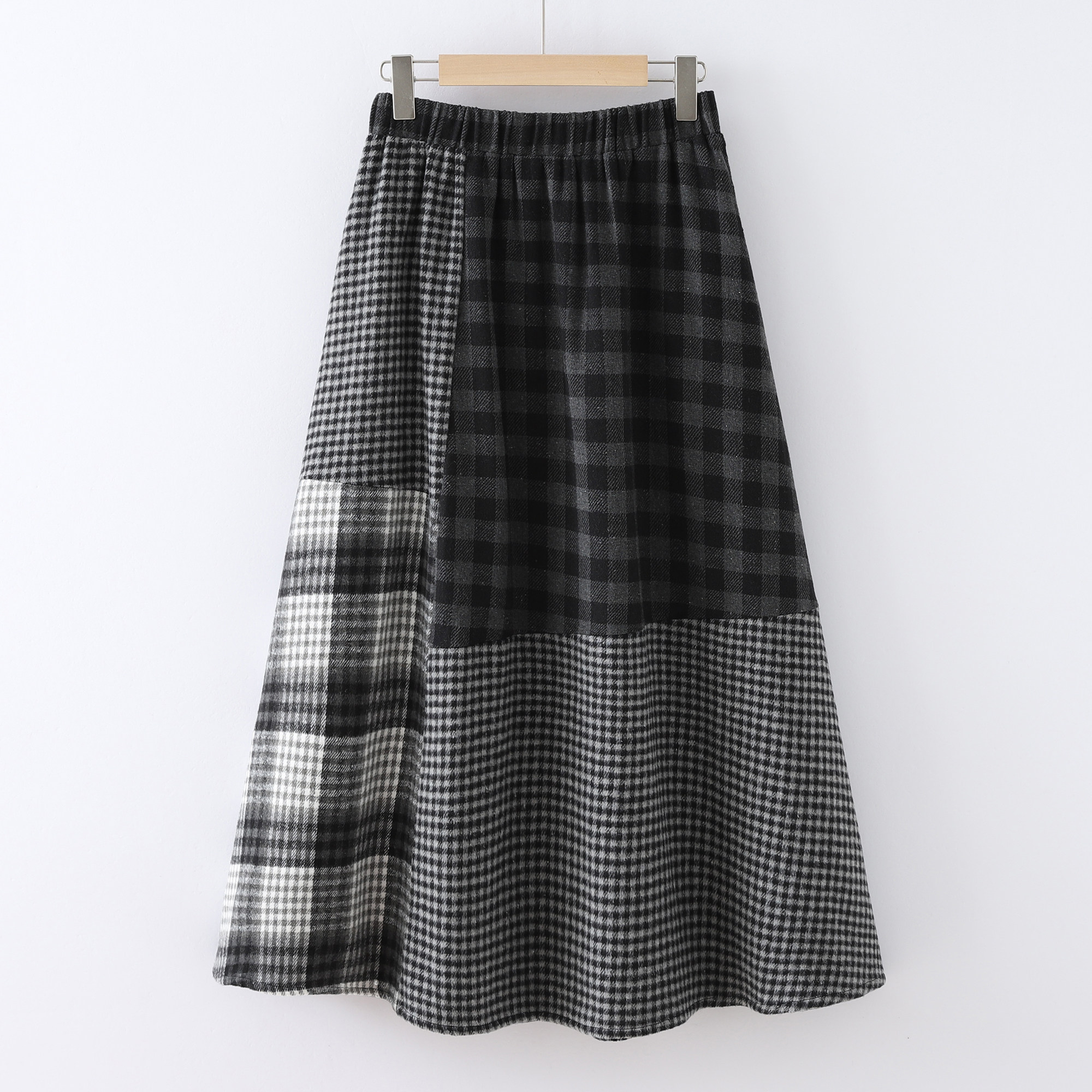 森系文艺复古格子拼接半身裙秋冬