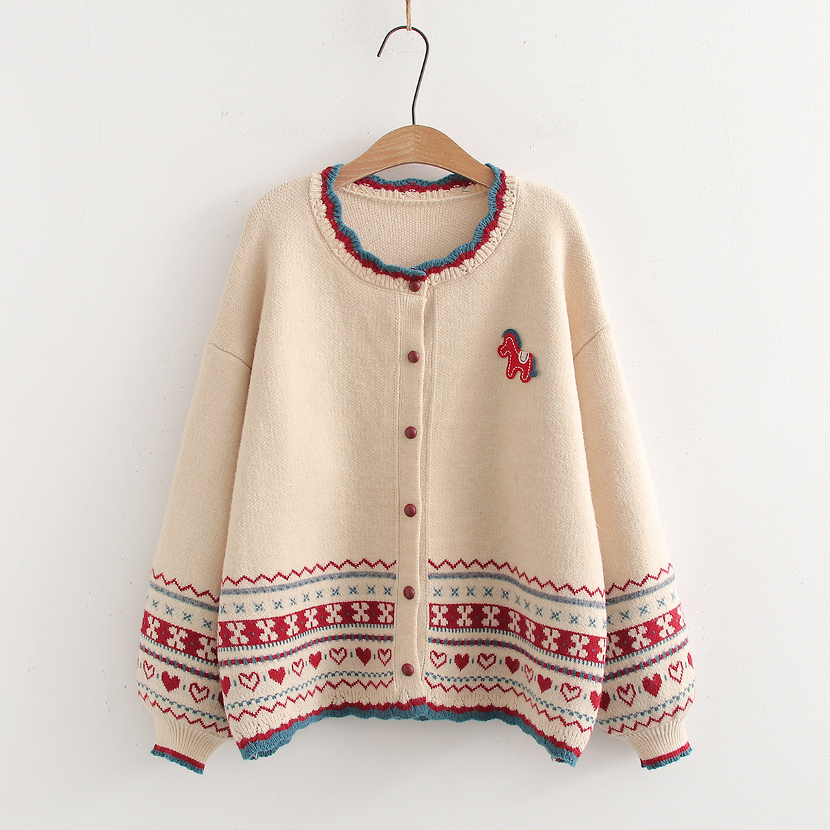 2026春季费尔岛风小马刺绣毛衣女开衫加厚保暖针织衫复古提花外套