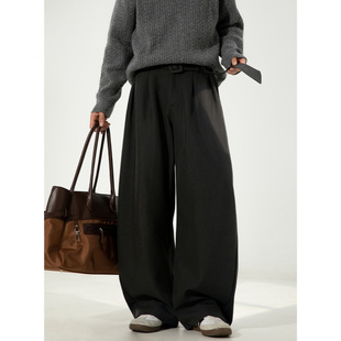 老钱风腰带休闲裤 立体打褶垂感弯刀西裤 廓形宽松直筒长裤 款 男秋季