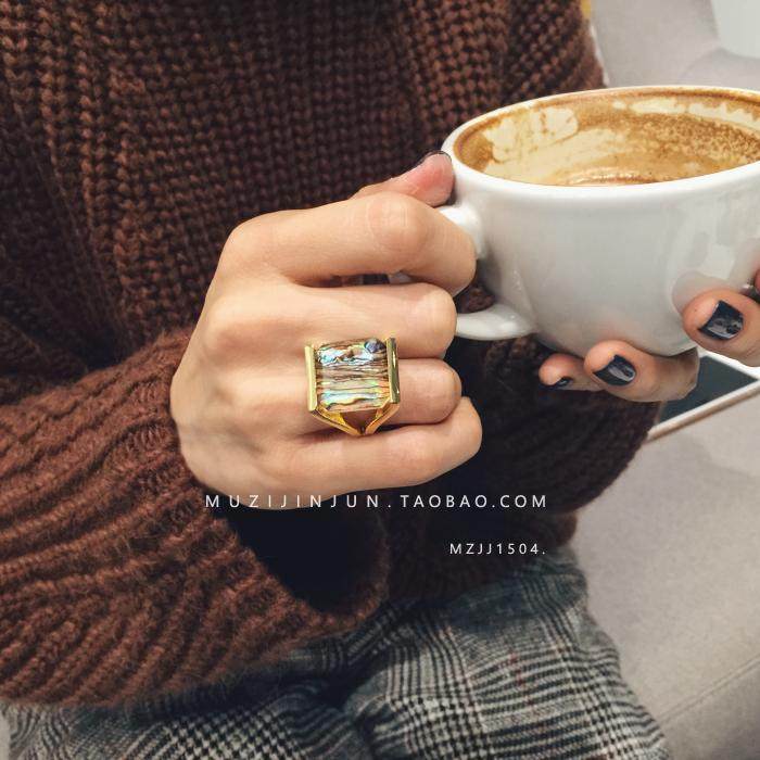 设计师牌 LELE 潮爆款欧美街拍气场造型感爆棚彩色重工大宝石戒指