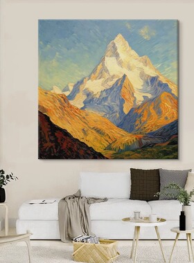 手绘油画日照金山图抽象肌理客厅装饰画梵高风格群山风景玄关挂画