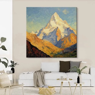 手绘油画日照金山图抽象肌理客厅装饰画梵高风格群山风景玄关挂画