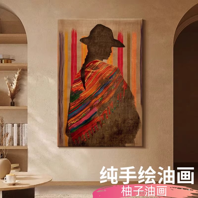 手绘油画玄关装饰画轻奢大气简美挂画立体动物马竖版入户别墅壁画图片