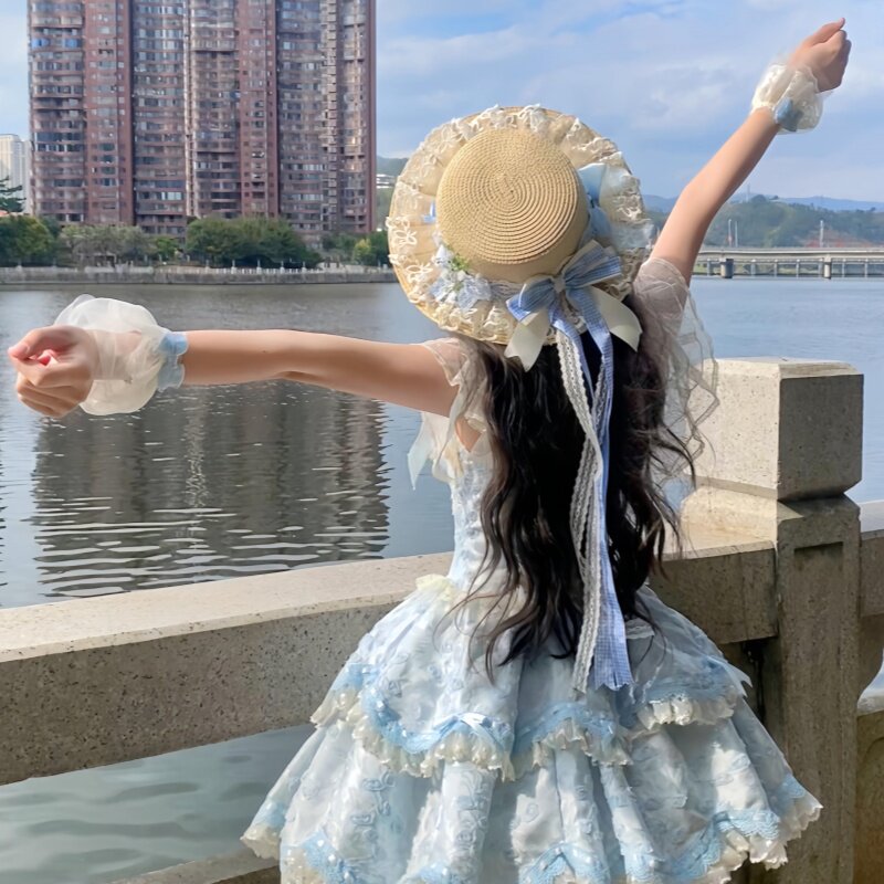 蕾丝满天星蝴蝶结多色格子草帽图片