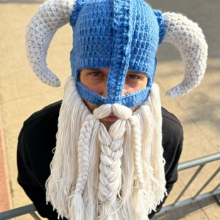 纯手工毛线牛角大胡子帽子男女冬季保暖搞怪维京个性帽子