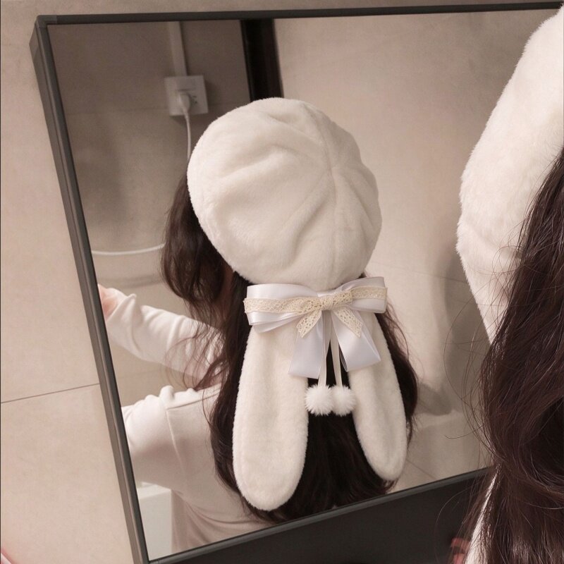 白色长兔耳朵毛绒贝雷帽 洛丽塔蕾丝蝴蝶结毛球少女冬日搭配帽子