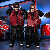 架子鼓演出服男孩痞帅潮服街舞红马甲皮衣两面hiphop套装 嘻哈炸街