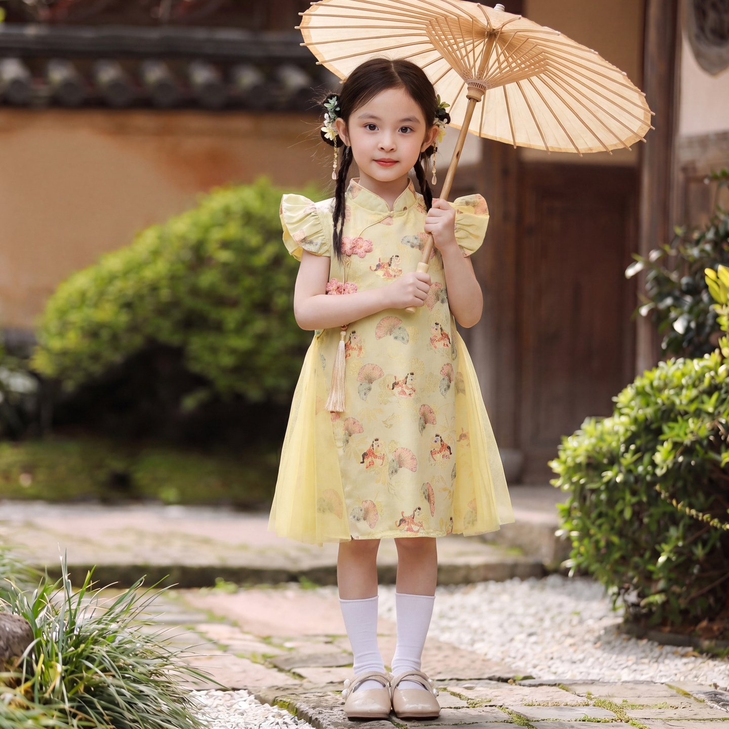 女童旗袍连衣裙夏季儿童中国风古装汉服演出服小女孩黄色公主裙子