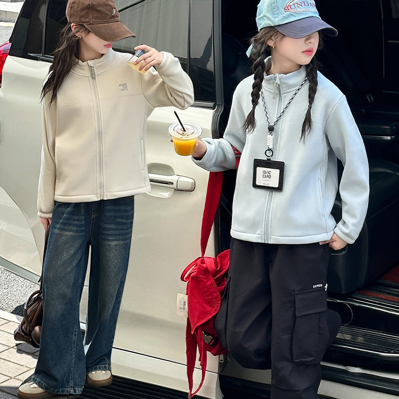 女童校服内搭神器冬季摇粒绒外套内胆初中生秋冬加绒加厚立领上衣