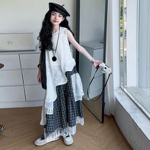女童夏套装2025新款女中大童蕾丝斜T恤半身裙叠穿超火巨显瘦童装
