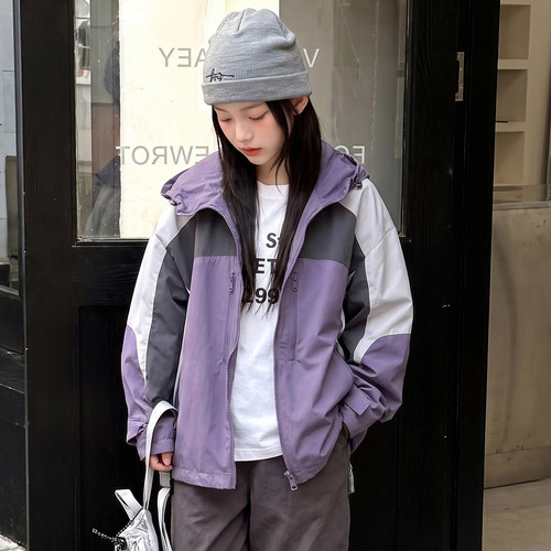 女童秋季拼色连帽防风冲锋衣潮牌