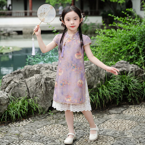 女童旗袍2026新款夏季紫色公主裙