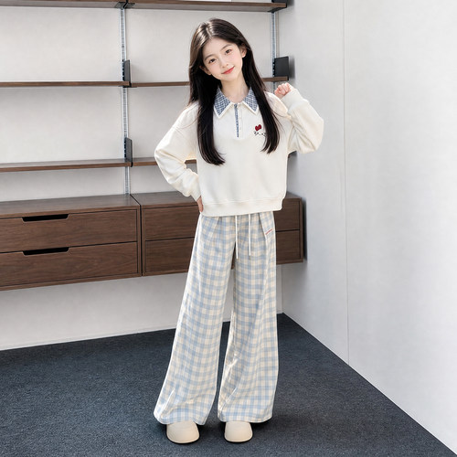 女大童装秋季翻领上衣格子裤套装