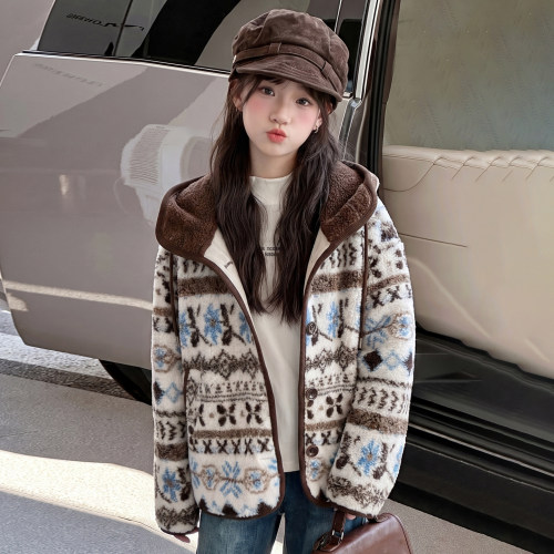 女童装秋冬季加绒毛毛衣连帽外套