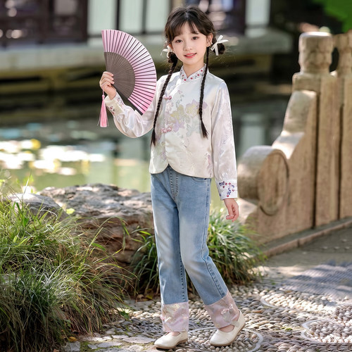 女童秋季汉服马甲衬衫牛仔裤套装