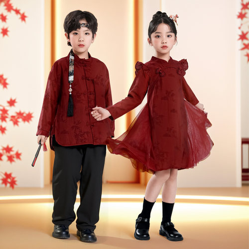儿童唐装汉服拜年服女童旗袍新中式红色裙子小女孩国风连衣裙
