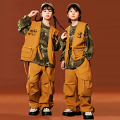 儿童街舞演出服潮酷女童嘻哈hiphop炸街马甲套装 男童架子鼓表演服