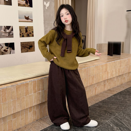 女大童装秋冬季披肩毛衣长裤套装