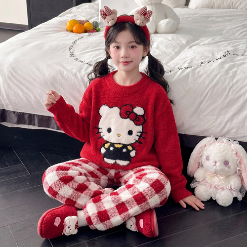 女大童装秋冬季半边绒家居服套装