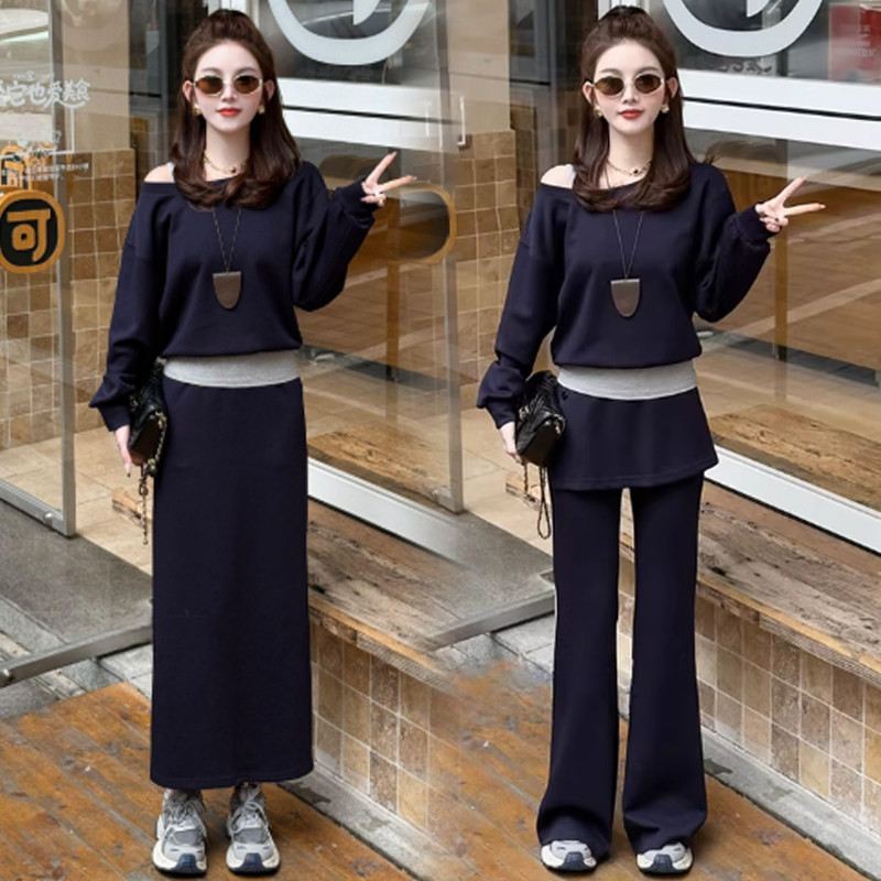 时尚休闲套装女2026春季新款洋气显瘦露肩卫衣背心半身裙三件套潮