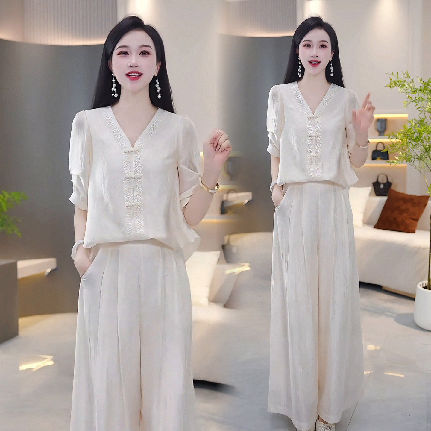 新中式国风套装女2026夏新款V领蕾丝拼接上衣显瘦阔腿裙裤两件套