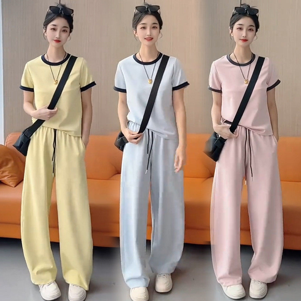 时尚休闲风运动套装女2026夏季新款撞色拼接短袖上衣阔腿裤两件套