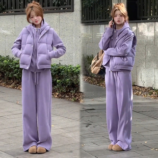 时尚套装女2025冬季新款洋气减龄羽绒棉马甲卫衣宽松休闲裤三件套