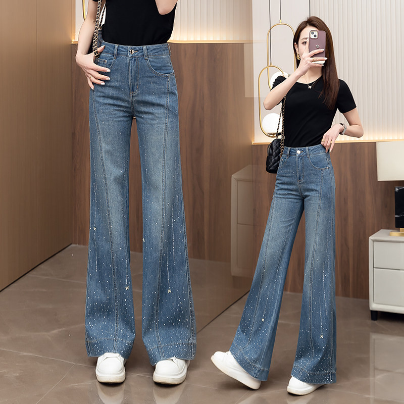 时尚洋气2025春秋新款宽松高腰阔腿微喇裤烫钻显高显瘦百搭牛仔裤,女装/女士精品,牛仔裤,淘宝优惠券,粉丝福利购,淘宝优惠卷