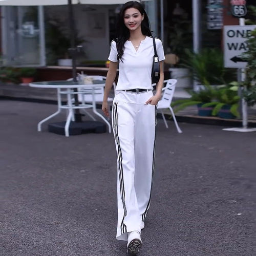 夏季撞色短袖阔腿裤女2件套
