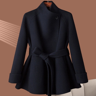 墨青色双面羊绒大衣女中长款2025新款秋冬季立领系带收腰毛呢外套