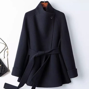 小个子墨青色双面羊绒大衣女短款2025年冬季新款立领收腰毛呢外套