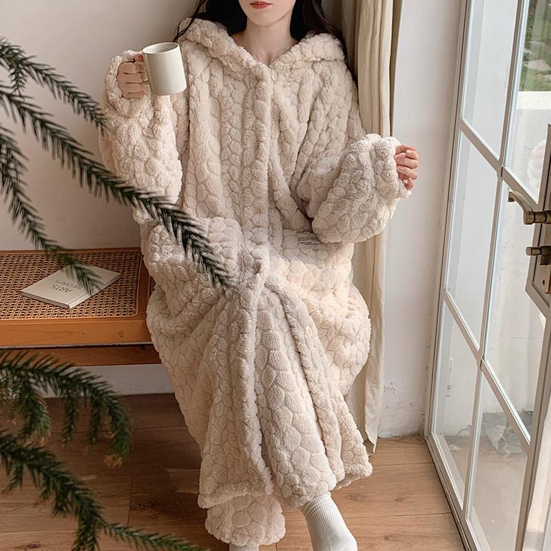 珊瑚绒睡衣女款秋冬季2026新款加厚加绒保暖睡袍中长款家居服套装图片