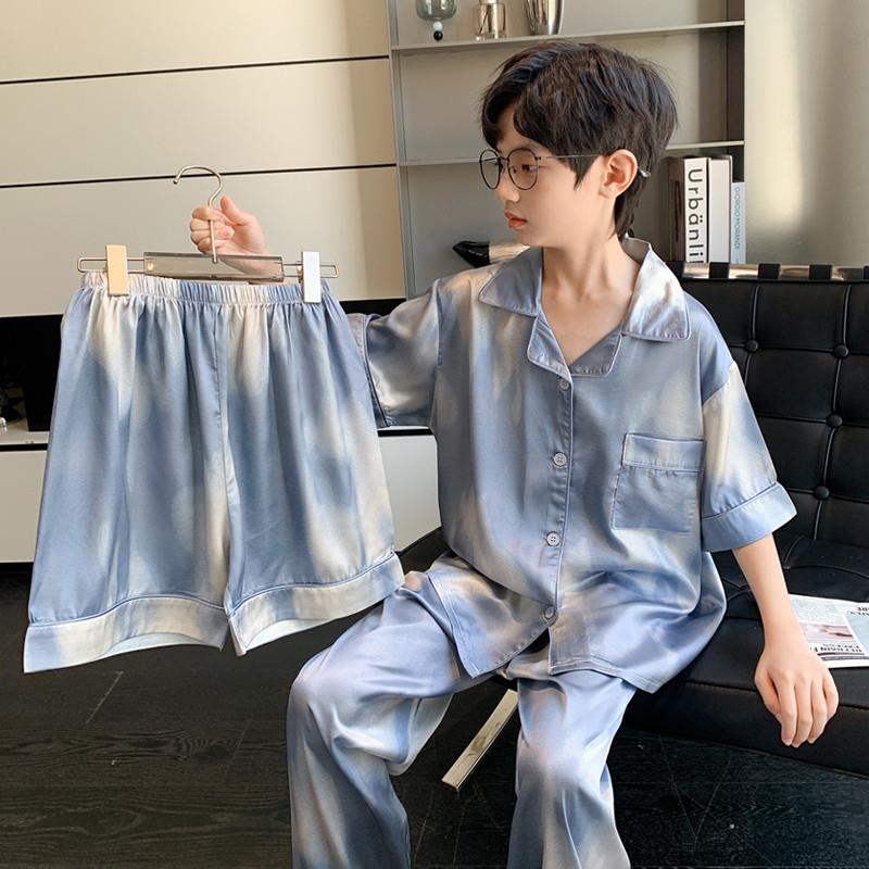 男童冰丝睡衣夏季三件套2025新款儿童洋气家居服短袖长裤空调服潮
