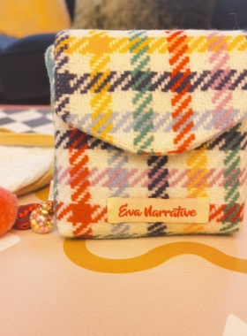 EVA幸运方块羊毛呢彩虹月事卫生巾收纳随身格纹复古文艺化妆小包
