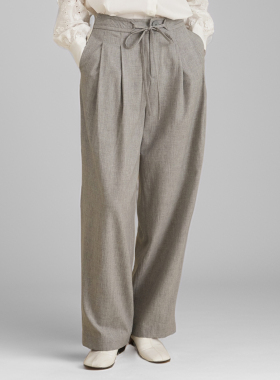 素芭通勤高腰阔腿裤女浅灰色系带宽松西装裤垂感显瘦SP0912