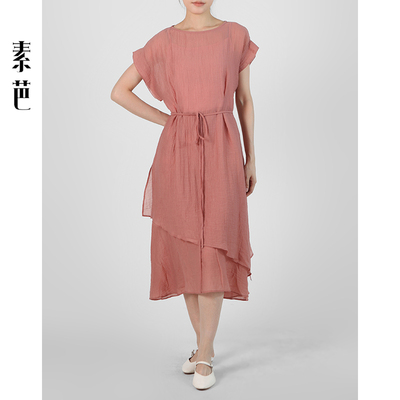 素芭简约风收腰连衣裙女夏季中长款系带开叉裙优雅气质SF0659