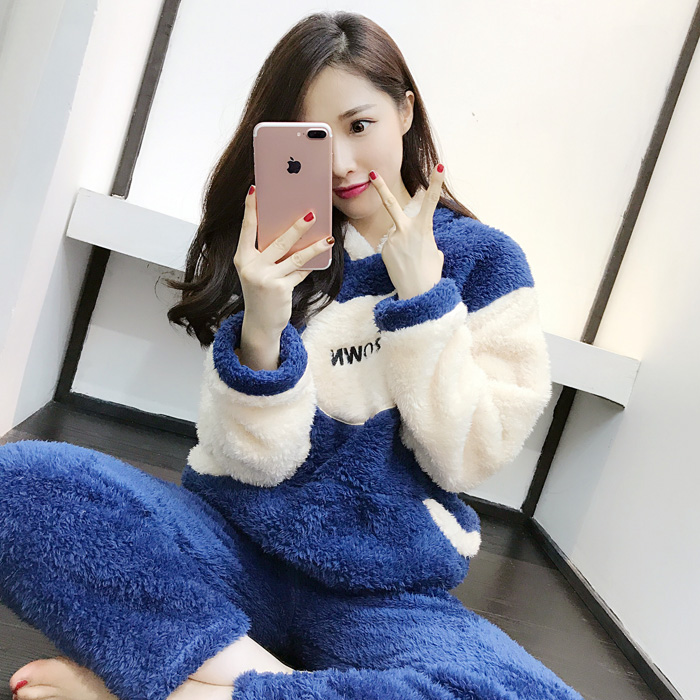 冬季套头睡衣女士冬天珊瑚绒可爱卡通可外穿加厚法兰绒家居服套装