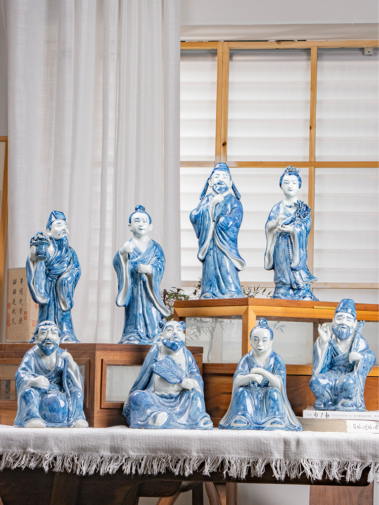 玉通景德镇手工青花瓷渡海八仙陶瓷人物彷古雕塑陶瓷饰品