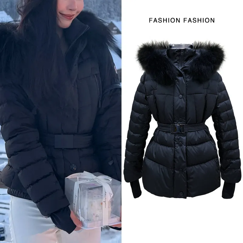黑色大毛领羽绒服女冬加厚保暖收腰显瘦腰带滑雪服外套2024冬款