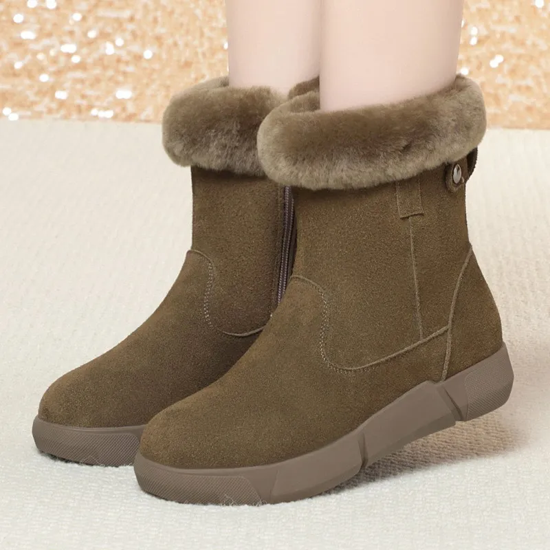 秋冬季女靴新款羊毛短靴平底防滑磨砂皮毛一体雪地靴加绒妈妈棉靴