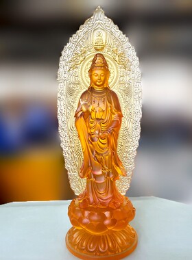 西方三圣琉璃背板观音60cm供奉摆件居家