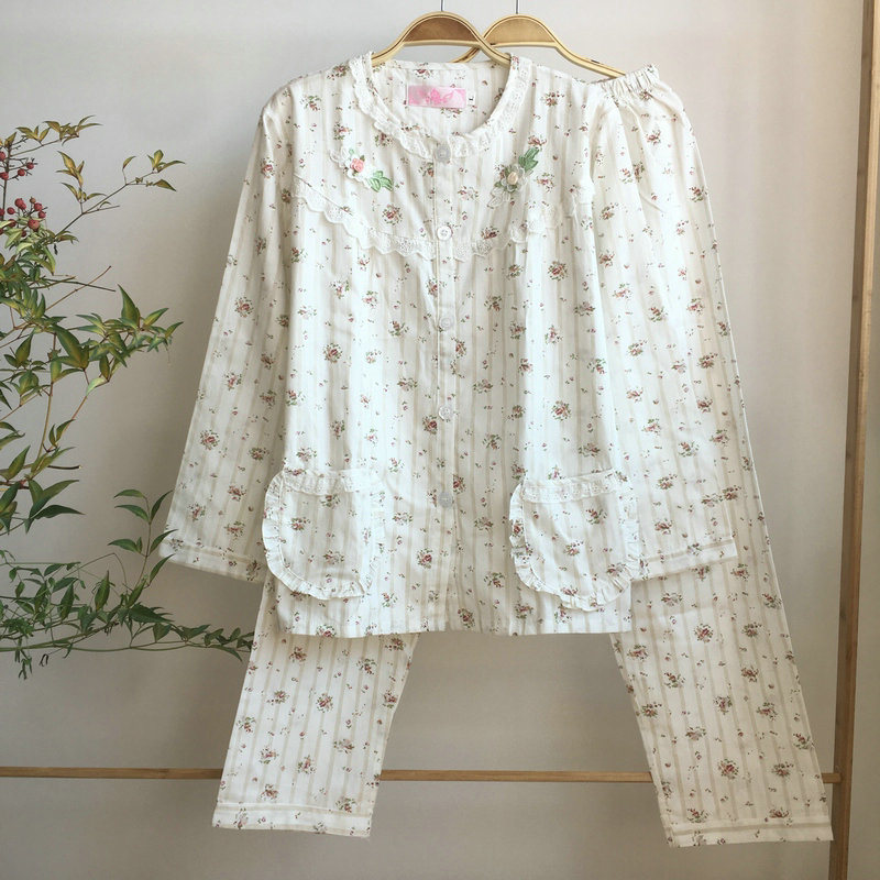 女士睡衣长袖全棉套装碎花