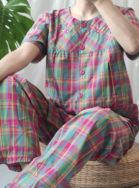 全棉色织粗布睡衣女款夏季纯棉梭织棉布格子短袖薄款中年妈妈大码