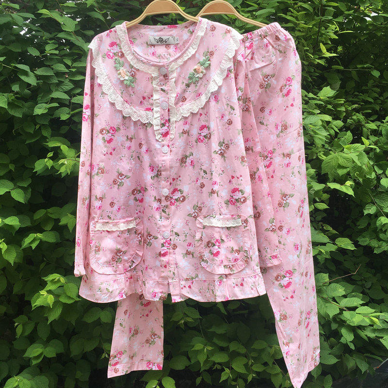 女士长袖碎花大码全棉睡衣套装