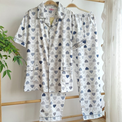 春夏男士纯棉布睡衣宽松大码短袖长裤全棉格子梭织斜纹棉布家居服