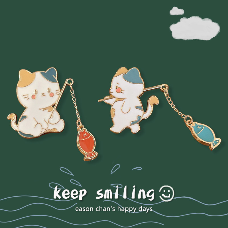 原创设计卡通小猫咪钓鱼个性胸针情侣闺蜜一对创意小礼物徽章配饰